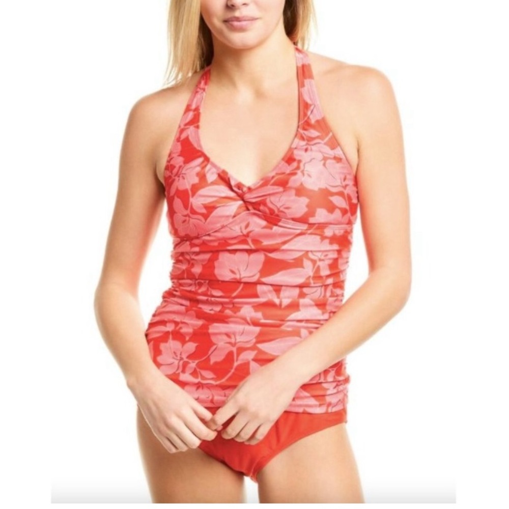 Nicole Miller Front Halter Tankini Top Red Floral Women's Size L